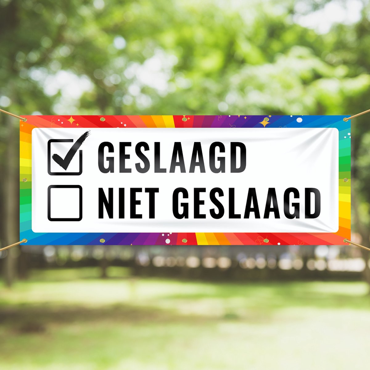 Spandoek | Vlag | Geslaagd - Niet geslaagd - Vinkje| 150 x 50 cm | Geslaagd Versiering | Spandoek Maken | Rijbewijs | Eindexamen | Diploma